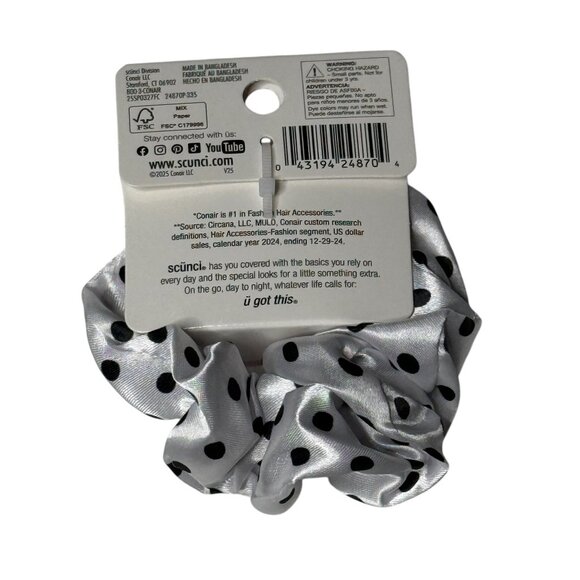Scunci Polka Dot Satin Scrunchie Black White Hair Tie - Picture 2 of 2